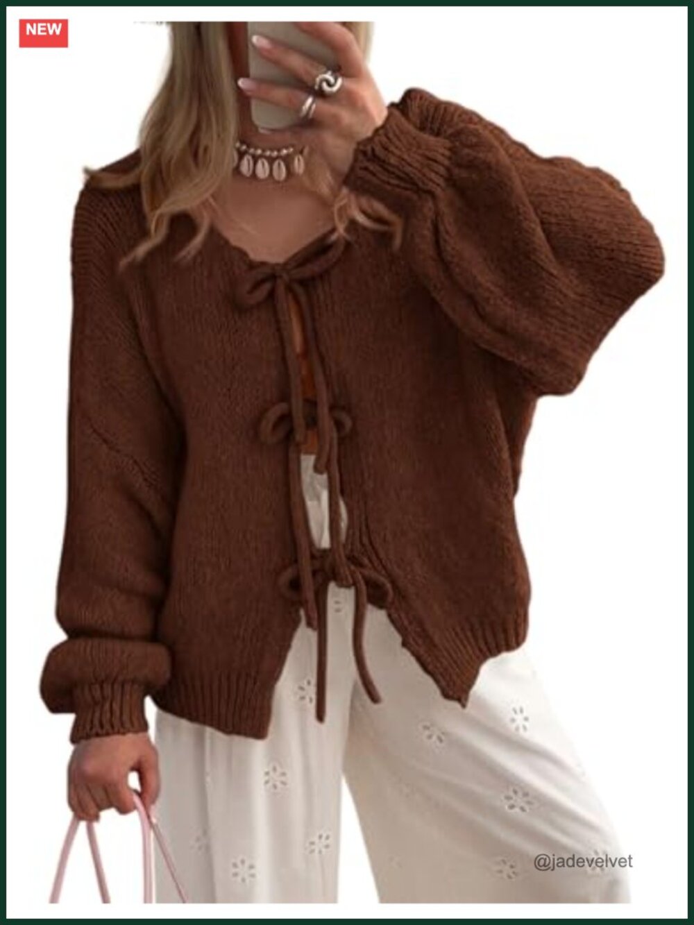 Tie Front Bow Cardigan Cable Knit Puff Sleeve Sweater